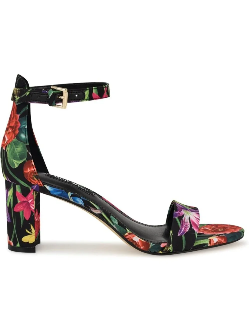 Women Black Lush Floral Round Toe Ankle Strap Wnpruce Block Heeled Sandal Shoes